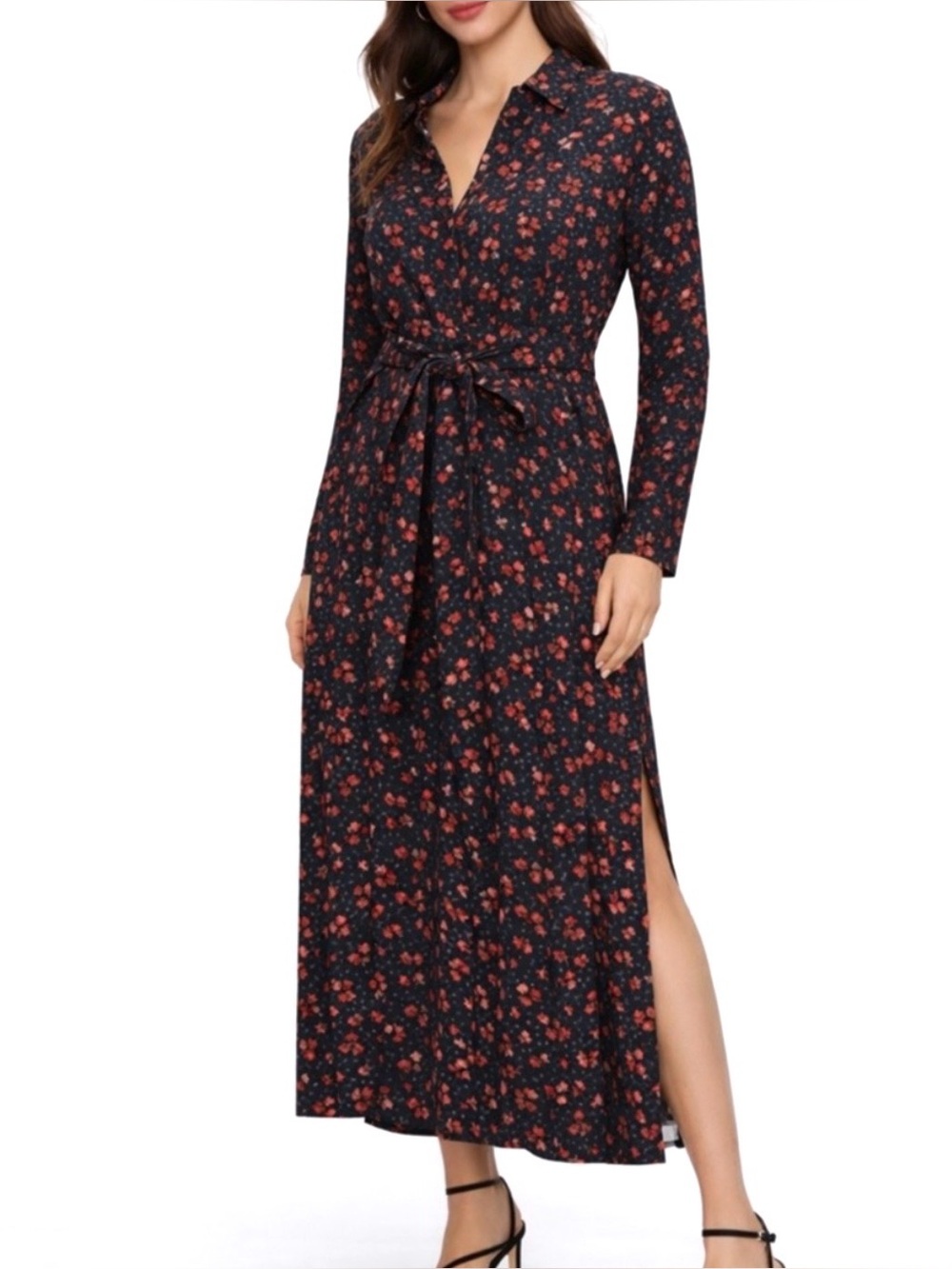 Zara Black Red Poppy Floral Tie Waist Shirt Maxi Dress Long Sleeves SZ M EUC